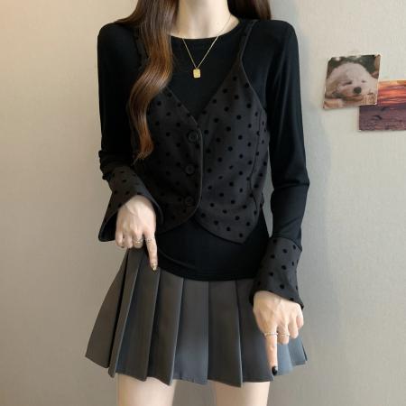 FA40057# 新款胖MM设计感假两件吊带马甲修身显瘦百搭上衣 服裝批發女裝批發服飾貨源