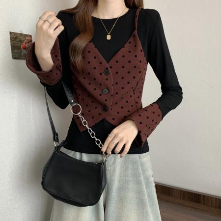 FA40057# 新款胖MM设计感假两件吊带马甲修身显瘦百搭上衣 服裝批發女裝批發服飾貨源