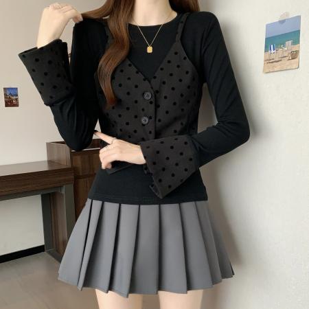 FA40057# 新款胖MM设计感假两件吊带马甲修身显瘦百搭上衣 服裝批發女裝批發服飾貨源