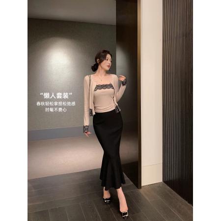 FA40058# 林关关蕾丝拼接开衫配吊带两件套女早秋韩系套装薄款长袖上衣 服裝批發女裝批發服飾貨源
