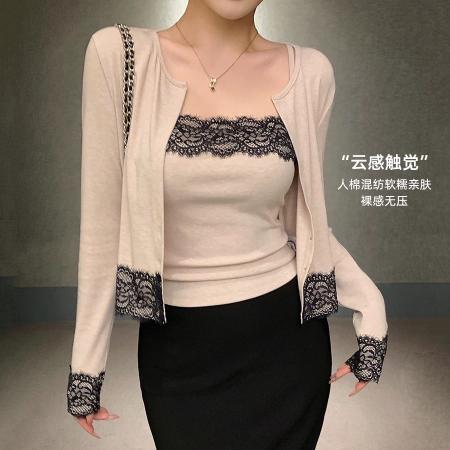 FA40058# 林关关蕾丝拼接开衫配吊带两件套女早秋韩系套装薄款长袖上衣 服裝批發女裝批發服飾貨源
