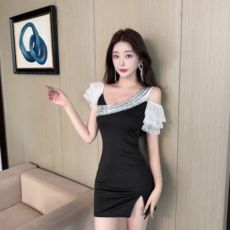 FA40060# 性感花边拼接短款包臀打底连衣裙 服裝批發女裝批發服飾貨源
