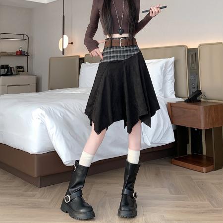 FA40062# 秋冬新款格子拼接麂皮绒半身裙女老钱风不规则显瘦中长款半裙 服裝批發女裝批發服飾貨源