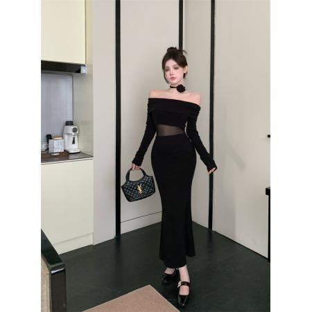 FA40065# 网纱透视拼接优雅风一字肩秋季新品长袖包臀连衣裙女 服裝批發女裝批發服飾貨源