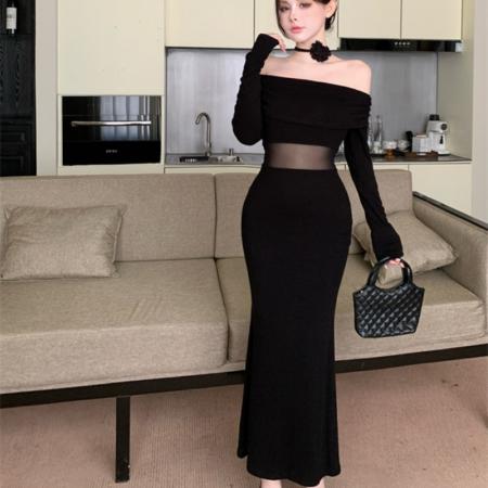 FA40065# 网纱透视拼接优雅风一字肩秋季新品长袖包臀连衣裙女 服裝批發女裝批發服飾貨源