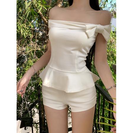 FA40069# 立体蝴蝶结荷叶边设计感弹力显瘦百搭一字肩上衣 服裝批發女裝批發服飾貨源