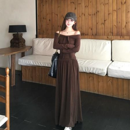 FA40073# 法式纯欲套装气质一字肩长袖上衣女显瘦半身裙两件套 服裝批發女裝批發服飾貨源