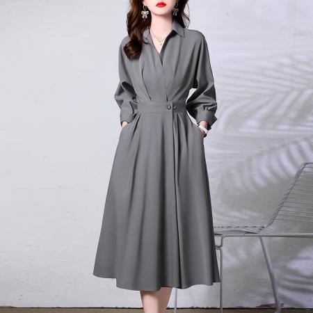 FA40076# 春秋长袖衬衫连衣裙女新款名媛气质收腰显瘦高级感别致长裙子 服裝批發女裝批發服飾貨源