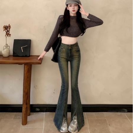 FA40079# 铆钉开叉紧身显瘦牛仔裤女双扣新品韩版高腰微喇叭裤  服裝批發女裝批發服飾貨源
