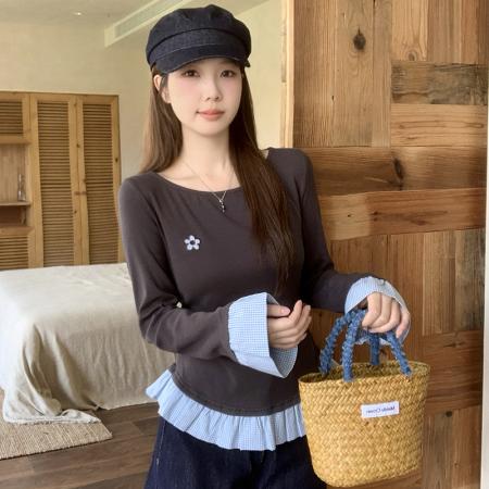 FA40089# 大码正肩长袖t恤内搭打底衫秋装穿搭胖mm假两件显瘦上衣  服裝批發女裝批發服飾貨源