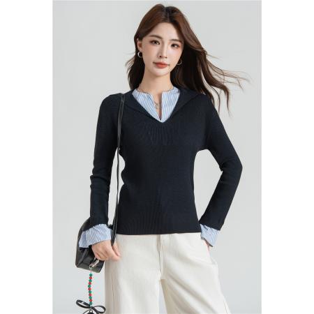 FA40103# 时尚领撞色长袖针织衫女秋季显瘦高级感假两件上衣  服裝批發女裝批發服飾貨源