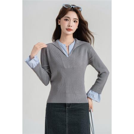 FA40103# 时尚领撞色长袖针织衫女秋季显瘦高级感假两件上衣  服裝批發女裝批發服飾貨源