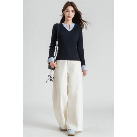 FA40103# 时尚领撞色长袖针织衫女秋季显瘦高级感假两件上衣  服裝批發女裝批發服飾貨源