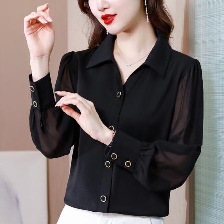 FA40114# 秋季新款长袖黑色衬衣女时尚气质显瘦简约纽扣雪纺上衣  服裝批發女裝批發服飾貨源