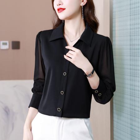 FA40114# 秋季新款长袖黑色衬衣女时尚气质显瘦简约纽扣雪纺上衣  服裝批發女裝批發服飾貨源