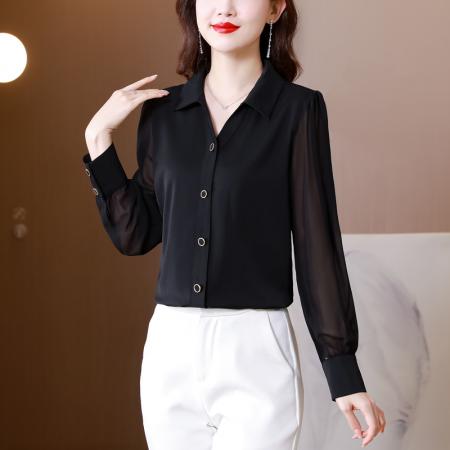FA40114# 秋季新款长袖黑色衬衣女时尚气质显瘦简约纽扣雪纺上衣  服裝批發女裝批發服飾貨源