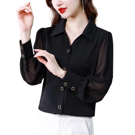 FA40114# 秋季新款长袖黑色衬衣女时尚气质显瘦简约纽扣雪纺上衣  服裝批發女裝批發服飾貨源