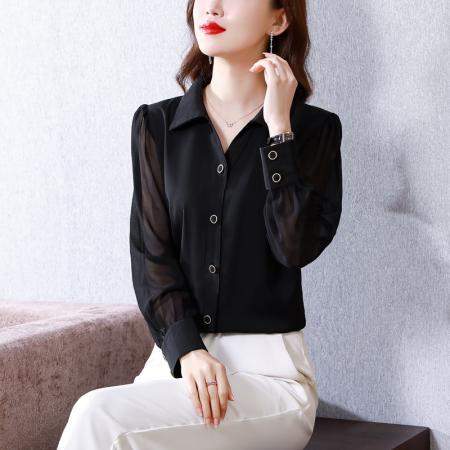 FA40114# 秋季新款长袖黑色衬衣女时尚气质显瘦简约纽扣雪纺上衣  服裝批發女裝批發服飾貨源