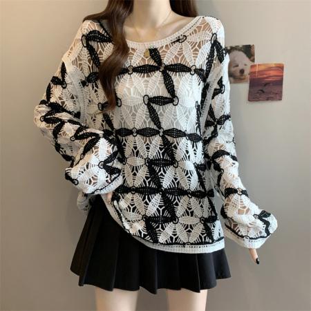 FA40121# ～大码秋季新款韩系时尚百搭长袖钩花针织衫女宽松显瘦上衣  服裝批發女裝批發服飾貨源