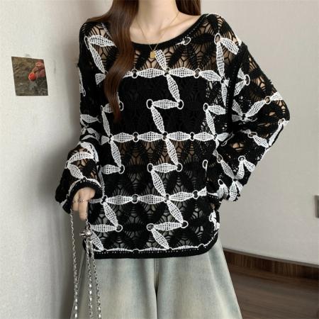 FA40121# ～大码秋季新款韩系时尚百搭长袖钩花针织衫女宽松显瘦上衣  服裝批發女裝批發服飾貨源