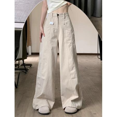 FA40139# 杏色工装牛仔裤女夏季慵懒松弛感高腰直筒弯刀镰刀阔腿裤子  服裝批發女裝批發服飾貨源