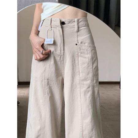 FA40139# 杏色工装牛仔裤女夏季慵懒松弛感高腰直筒弯刀镰刀阔腿裤子  服裝批發女裝批發服飾貨源