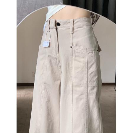 FA40139# 杏色工装牛仔裤女夏季慵懒松弛感高腰直筒弯刀镰刀阔腿裤子  服裝批發女裝批發服飾貨源
