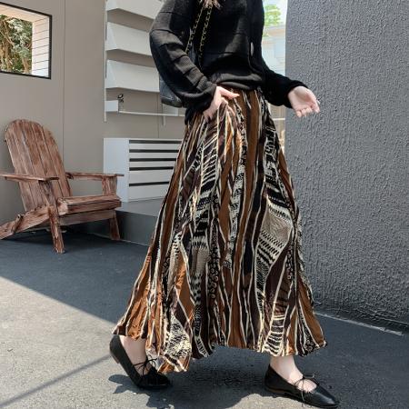 FA40144# 口袋款新款韩版时尚褶皱长裙宽松显瘦花色半身裙大摆裙女  服裝批發女裝批發服飾貨源