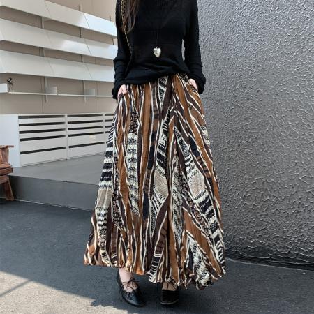 FA40144# 口袋款新款韩版时尚褶皱长裙宽松显瘦花色半身裙大摆裙女  服裝批發女裝批發服飾貨源