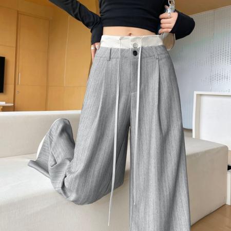 FA40160# 条纹西装阔腿裤女拼接高腰韩版气质直筒裤休闲西装拖地裤  服裝批發女裝批發服飾貨源