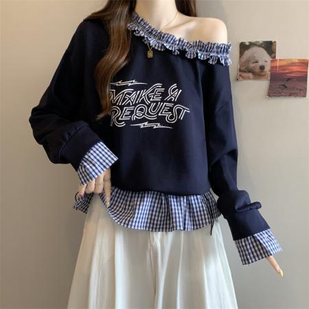 FA40180# 大码胖MM设计感斜肩格子拼接假两件卫衣抽绳洋气百搭上衣  服裝批發女裝批發服飾貨源