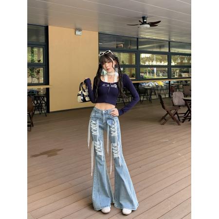 FA40182# 春秋蕾丝绑带弹力牛仔裤女小众时尚辣妹显瘦喇叭裤长裤  服裝批發女裝批發服飾貨源