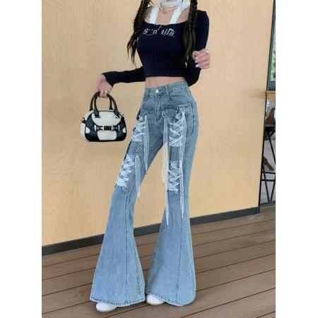 FA40182# 春秋蕾丝绑带弹力牛仔裤女小众时尚辣妹显瘦喇叭裤长裤  服裝批發女裝批發服飾貨源