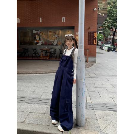 FA40183# 卡其色工装背带裤女新款复古休闲超好看直筒连体裤  服裝批發女裝批發服飾貨源