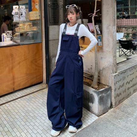 FA40183# 卡其色工装背带裤女新款复古休闲超好看直筒连体裤  服裝批發女裝批發服飾貨源