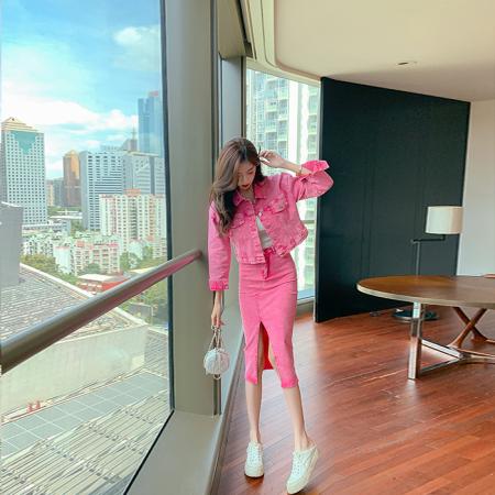 FA40187# 牛仔套装女秋季新款单排扣翻领外套开叉包臀高腰半身裙两件套  服裝批發女裝批發服飾貨源