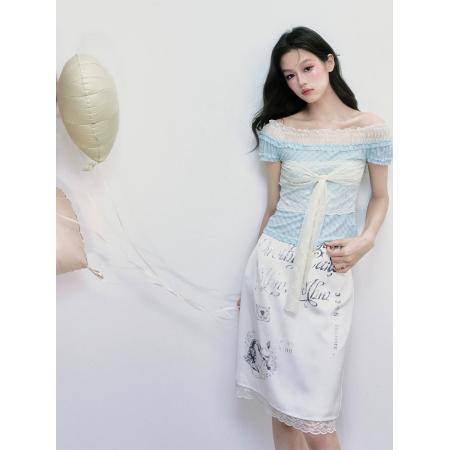FA40191# 绀间诗络一字肩绑带网纱蕾丝格子短袖上衣  服裝批發女裝批發服飾貨源