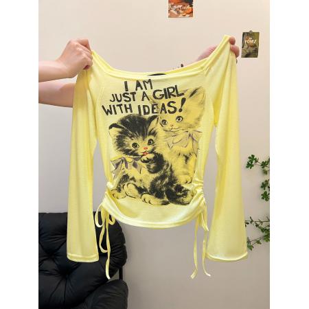 FA40196# 韩系chic小猫印花一字肩防晒罩衫女夏季薄款修身长袖t恤辣妹上衣  服裝批發女裝批發服飾貨源