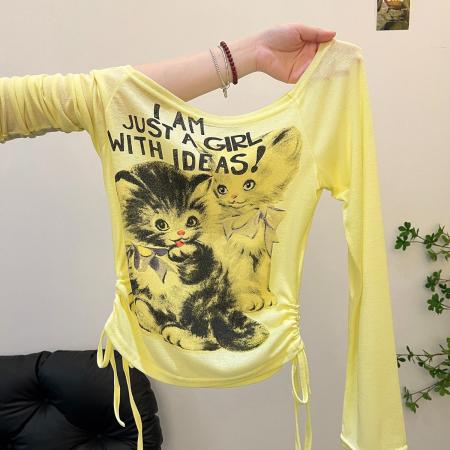 FA40196# 韩系chic小猫印花一字肩防晒罩衫女夏季薄款修身长袖t恤辣妹上衣  服裝批發女裝批發服飾貨源