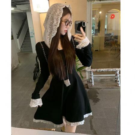 FA40197# 法式连帽蕾丝黑色连衣裙子女早秋季新款气质显瘦a字短裙  服裝批發女裝批發服飾貨源