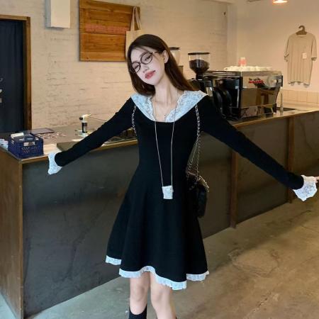 FA40197# 法式连帽蕾丝黑色连衣裙子女早秋季新款气质显瘦a字短裙  服裝批發女裝批發服飾貨源