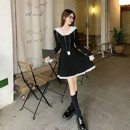 FA40197# 法式连帽蕾丝黑色连衣裙子女早秋季新款气质显瘦a字短裙  服裝批發女裝批發服飾貨源