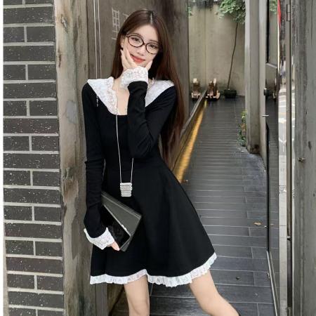 FA40197# 法式连帽蕾丝黑色连衣裙子女早秋季新款气质显瘦a字短裙  服裝批發女裝批發服飾貨源