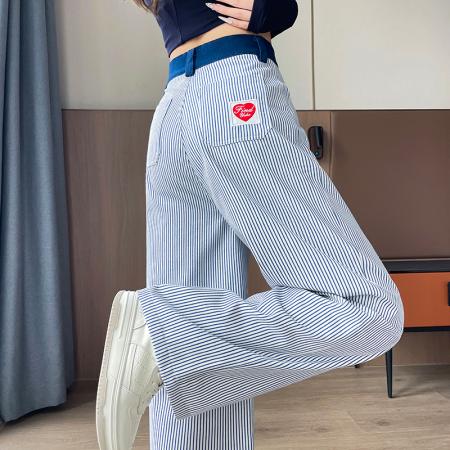 FA40200# 秋季爱心刺绣竖条纹休闲裤女小众拼接宽松垂感直筒阔腿裤子  服裝批發女裝批發服飾貨源