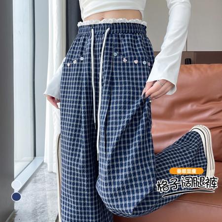 FA40202# 秋季新款装饰纽扣泡泡格纹拼蕾丝休闲裤新款格子抽绳阔腿裤女  服裝批發女裝批發服飾貨源