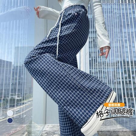 FA40202# 秋季新款装饰纽扣泡泡格纹拼蕾丝休闲裤新款格子抽绳阔腿裤女  服裝批發女裝批發服飾貨源