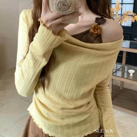 FA40210# 抖音温柔风辣妹穿搭纯欲假两件斜肩上衣女秋季不规则  服裝批發女裝批發服飾貨源