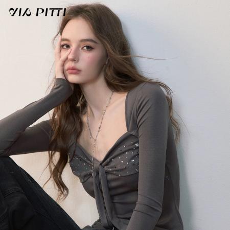 FA40211# 设计感蝴蝶结彩色烫钻小衫女秋季修身百搭u领系带T恤上衣  服裝批發女裝批發服飾貨源