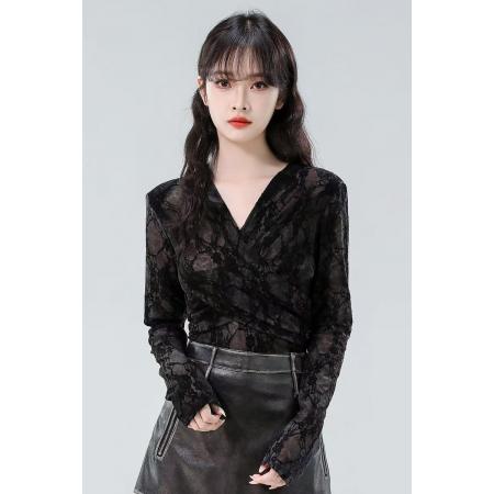 FA40215# 交叉设计气质长袖T恤衫女春秋新款时尚百搭打底衫  服裝批發女裝批發服飾貨源