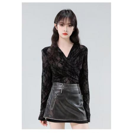 FA40215# 交叉设计气质长袖T恤衫女春秋新款时尚百搭打底衫  服裝批發女裝批發服飾貨源